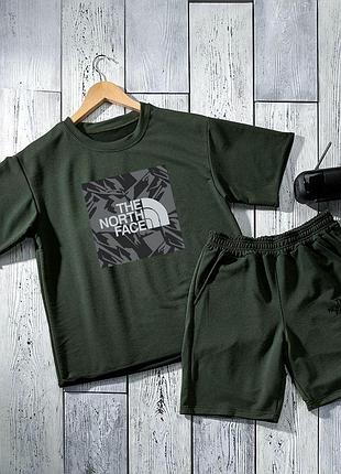 Чоловічий літній оверсайз костюм the north face футболка + шорти хакі комплект зе норт фейс (b)