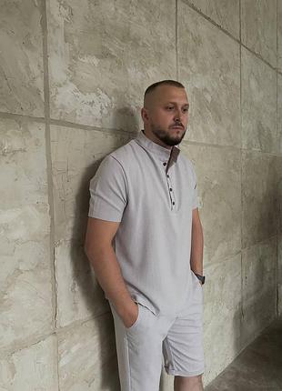 Чоловічий літній костюм сірий  комплект футболка + шорти з льону (b)