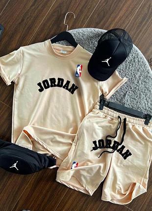 Мужской летний костюм jordan бежевый футболка + шорты + кепка + барсетка комплект джордан (b)