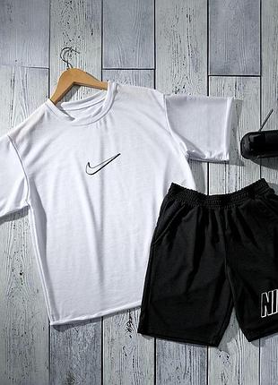 Мужской летний оверсайз костюм nike футболка + шорты белый с черным комплект найк на лето (b)