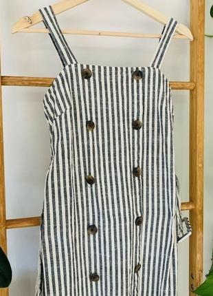 Хлопковое платье на пуговицах сарафан длины миди с поясом в полоску принт