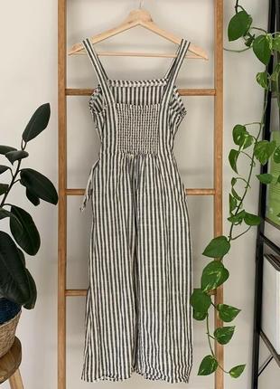 Хлопковое платье на пуговицах сарафан длины миди с поясом в полоску принт