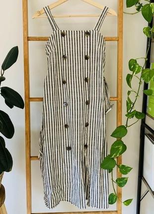 Хлопковое платье на пуговицах сарафан длины миди с поясом в полоску принт