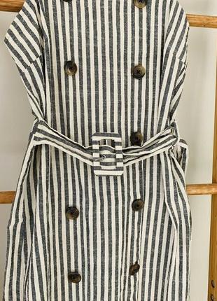 Хлопковое платье на пуговицах сарафан длины миди с поясом в полоску принт