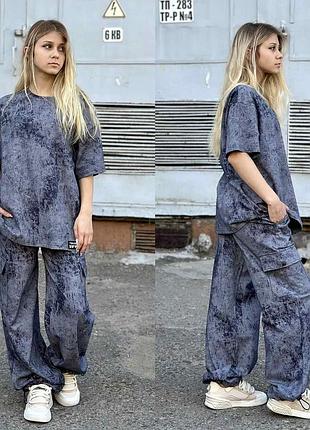 Подростковый стильный костюм для девочек love, футболка оверсайз и штаны карго, размеры на рост 134 - 160