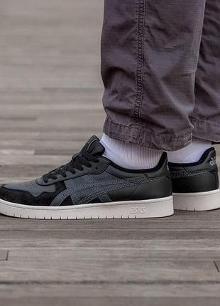 Мужские кроссовки asics кожаные черные асикс с замшевыми вставками весенние осенние (b)