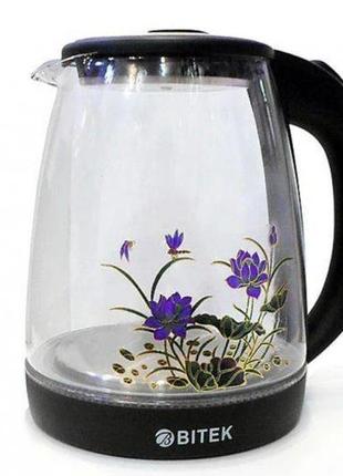 Електрочайник bitek kettle bt-311 2400w 1.8 л з квітами чорний