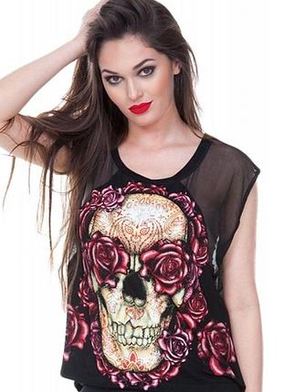 Крутая брендовая черная женская блуза принт санта муэрте череп розы стимпанк готика jawbreaker 48 l
