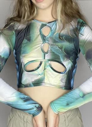 Топ з довгим рукавом кофта з вирізами абстрактним принтом зелена бірюзова блакитна