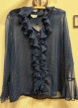 Синяя в белый горох блуза с подплечниками indiano оригинал