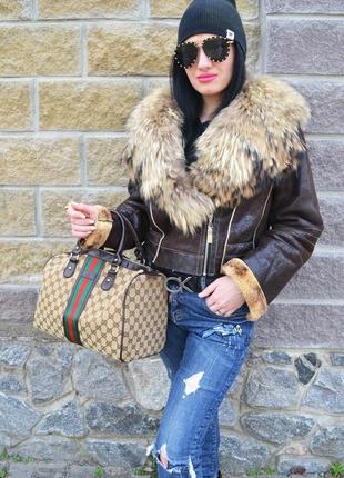 Коротка натуральна дублянка овчина хутро єнот gucci