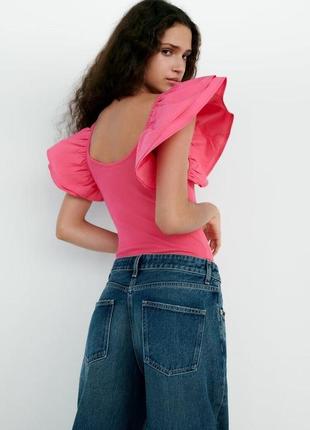 Боди с пышными рукавами пуфф zara р. s фуксия розовое, в рубчик боді