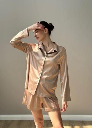 Жіноча піжама атласна бежева атласна піжама жіноча стильна піжама піжама літня домашній жіночий одяг