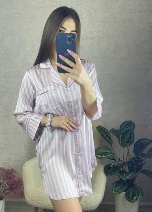 Якісна сатинова полосата сорочка ночнушка на ґудзиках s-xl