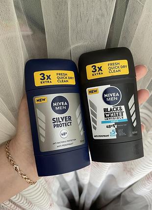 Стик дезодорант антиперспирант nivea silver protect, 50 мл, nivea men black & white invisible