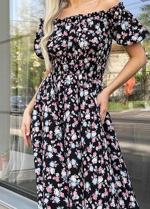 Довга максі сукня квітковий принт та горох. резинка на талії, рукава ліхтарики, плаття в пол, платье8 фото