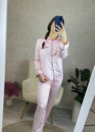 Рожева полосата преміум сатинова піжама сорочка і штани s-xl