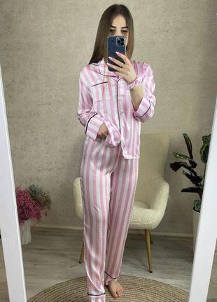 Біла з рожевим полосата якісна преміум сатинова піжама сорочка і штани s-xl