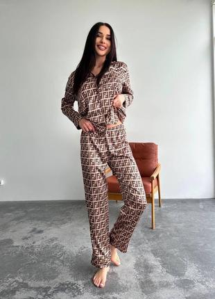 Беж кофейная качественная премиум сатиновая пижама рубашка и штаны s-xl