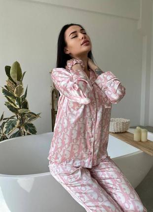 Рожева ніжна якісна преміум сатинова піжама сорочка і штани s-xl3 фото