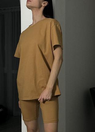 Летний женский костюм (шорты (велосипедки)+футболка)) s-xl кемл (коричневый)