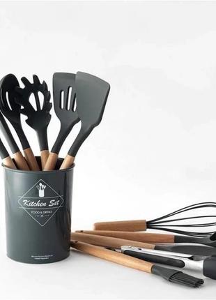 Силіконовий кухонний набір приладдя з дерев'яною ручкою 12 предметів чорний6 фото