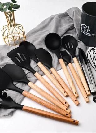 Силіконовий кухонний набір приладдя з дерев'яною ручкою 12 предметів чорний3 фото