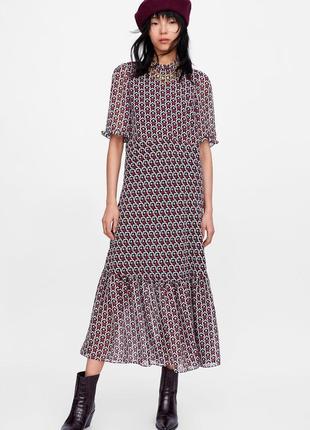 Zara стильное платье длинное/платье макси ярусное, с рюшей в принт