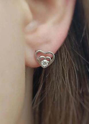 Серьги серебряные гвоздики сердечки 925 проба