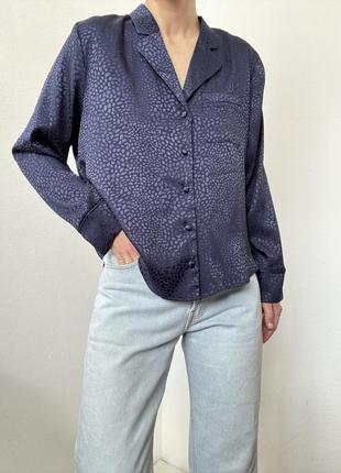 Сатиновая рубашка леопардовый принт синяя блузка атласная рубашка оверсайз блузка блуза