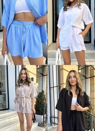 Костюм на лето рубашка + шорты креп жатка для прогулок черный белый легкий муслин