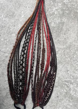 Дредорезинка, аксессуары для волос , фестивальные косы темно-коричневые с красным в наличии