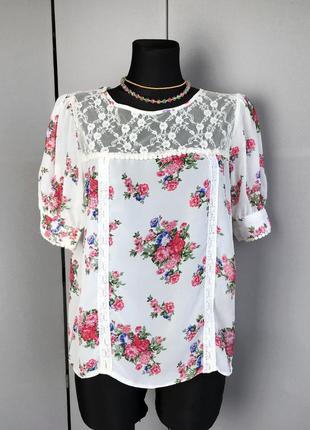 Жіноча блуза сорочка біла вінтаж у квіти принт жіночий жіночі жіноче батал