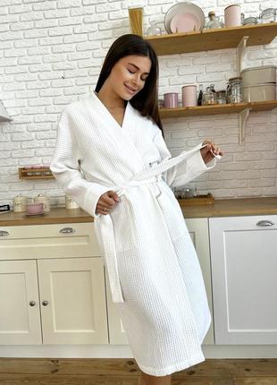 Жіночий вафельний халат cosy довгий, білий4 фото