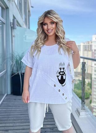 Льняная блуза женская свободного кроя батал с принтом "котик", блуза лен, футболка батал / мод 292