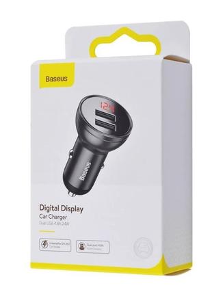 Автомобільне зарядне baseus 24w 2u 2,4а*2 с диплеєм ccbx-0g ccbx-0s grey