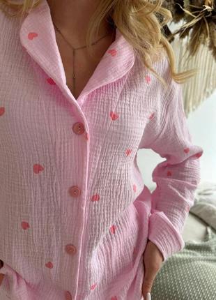 Жіноча муслінова піжама cosy серця рожеві на рожевому штани+сорочка4 фото