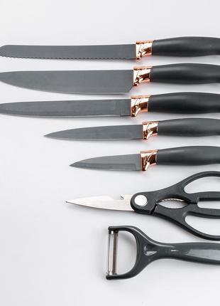 Набор кухонных ножей 5 штук с ножницами и овощечисткой на подставке черный9 фото