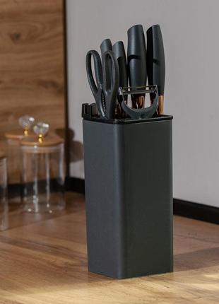 Набор кухонных ножей 5 штук с ножницами и овощечисткой на подставке черный2 фото