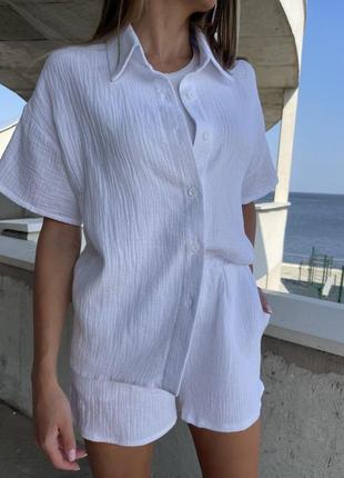 Легкий і стильний: жіночий літній костюм із мусліну (100% бавовна) — сорочка та шорти