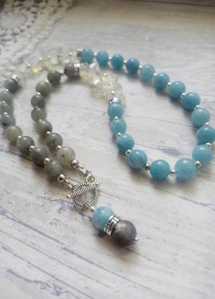 Двостороннє кольє намисто-буси-чокер із натурального каменю. лабрадорит опалит халцедон