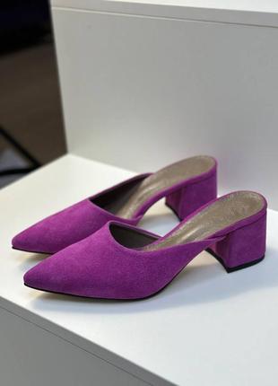 Мюли из итальянской кожи и замши женские на каблуках остроносители