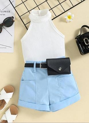 📝 стильный комплект для девочек 🖤 шорты, майка и пояс