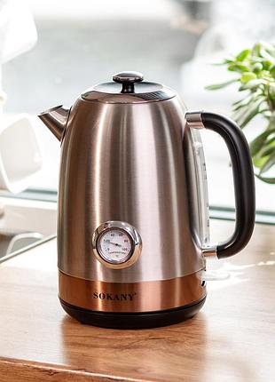 Электрочайник с термометром sokany sk-1031 бесшумный из нержавеющей стали 1,7 л, сталь