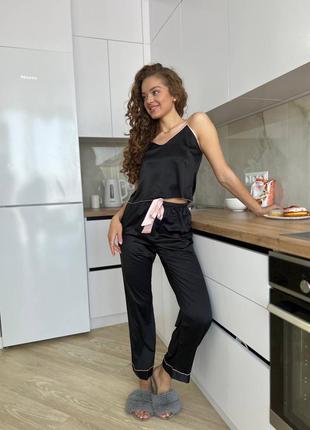 Шовкова жіноча чорна піжама майка + штани + маска для сну