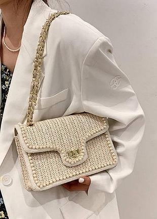Модна жіноча солом'яна сумка клатч із намистинами, міні сумочка плетена