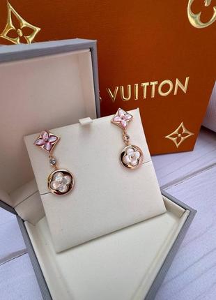 Сережки луі віттон подовжені з рожевим перламутром, рожеве золото💗🌸