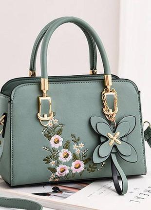 Женская мини сумочка с вышивкой цветами, маленькая сумка женская с цветочками зеленый