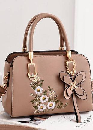 Женская мини сумочка с вышивкой цветами, маленькая сумка женская с цветочками кофейный