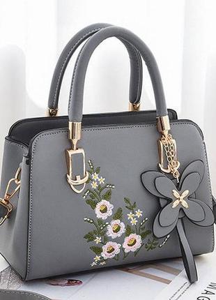 Женская мини сумочка с вышивкой цветами, маленькая сумка женская с цветочками серый